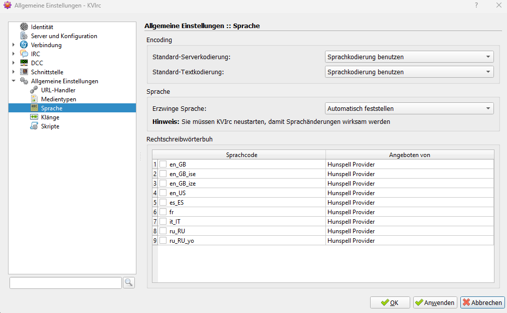 KVIRC Spracheinstellungen